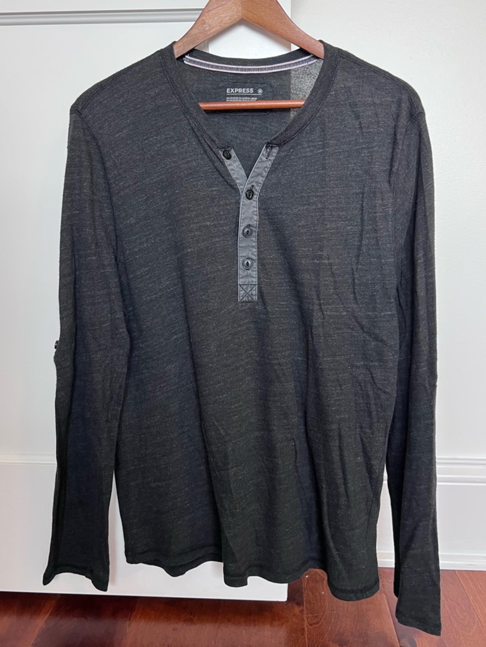 Express Men's Charcoal Gray Long-Sleeve Henley Shirt